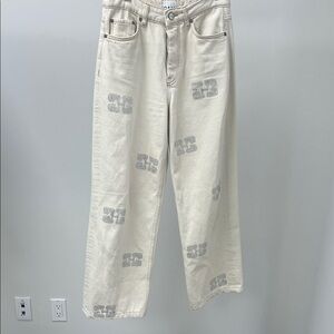 Ganni Cream Jeans with Sparkly Logo Pattern